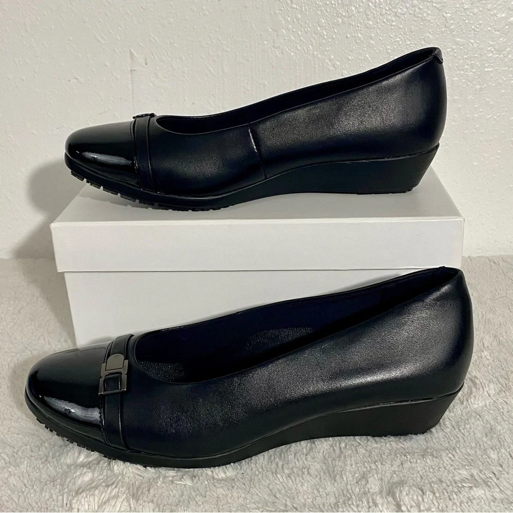 Black Women's Wedge Flats with Accent Hardware SLIP RESISTANT